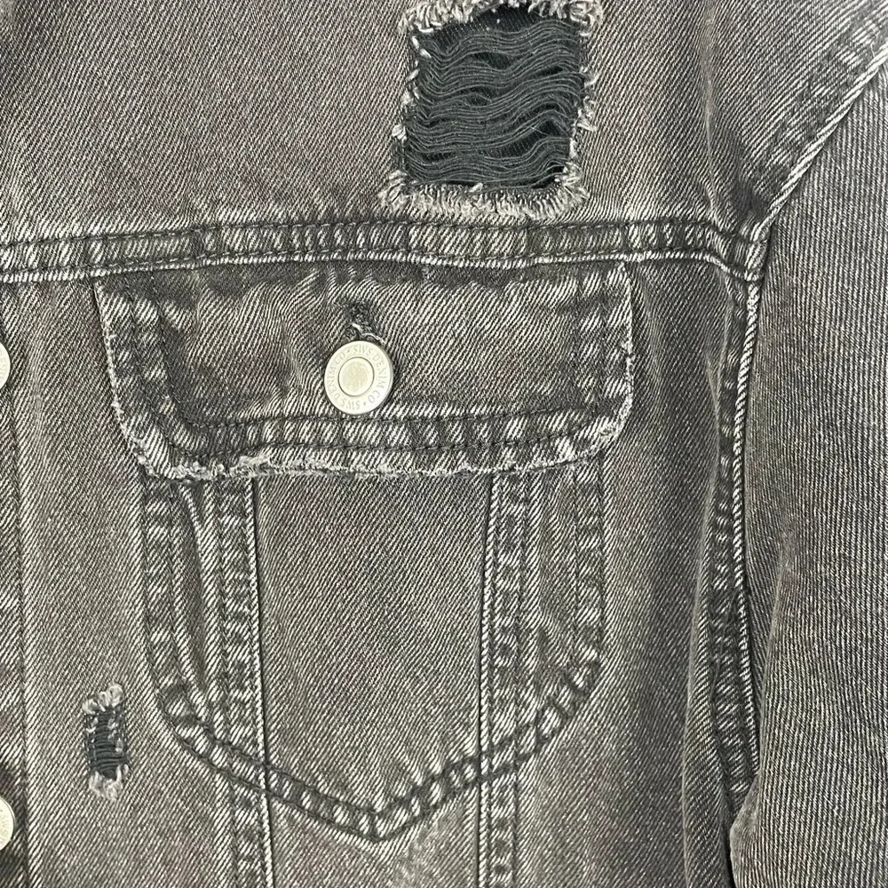 Charcoal Black Denim Jacket Oversized Size Small Distressed Grunge